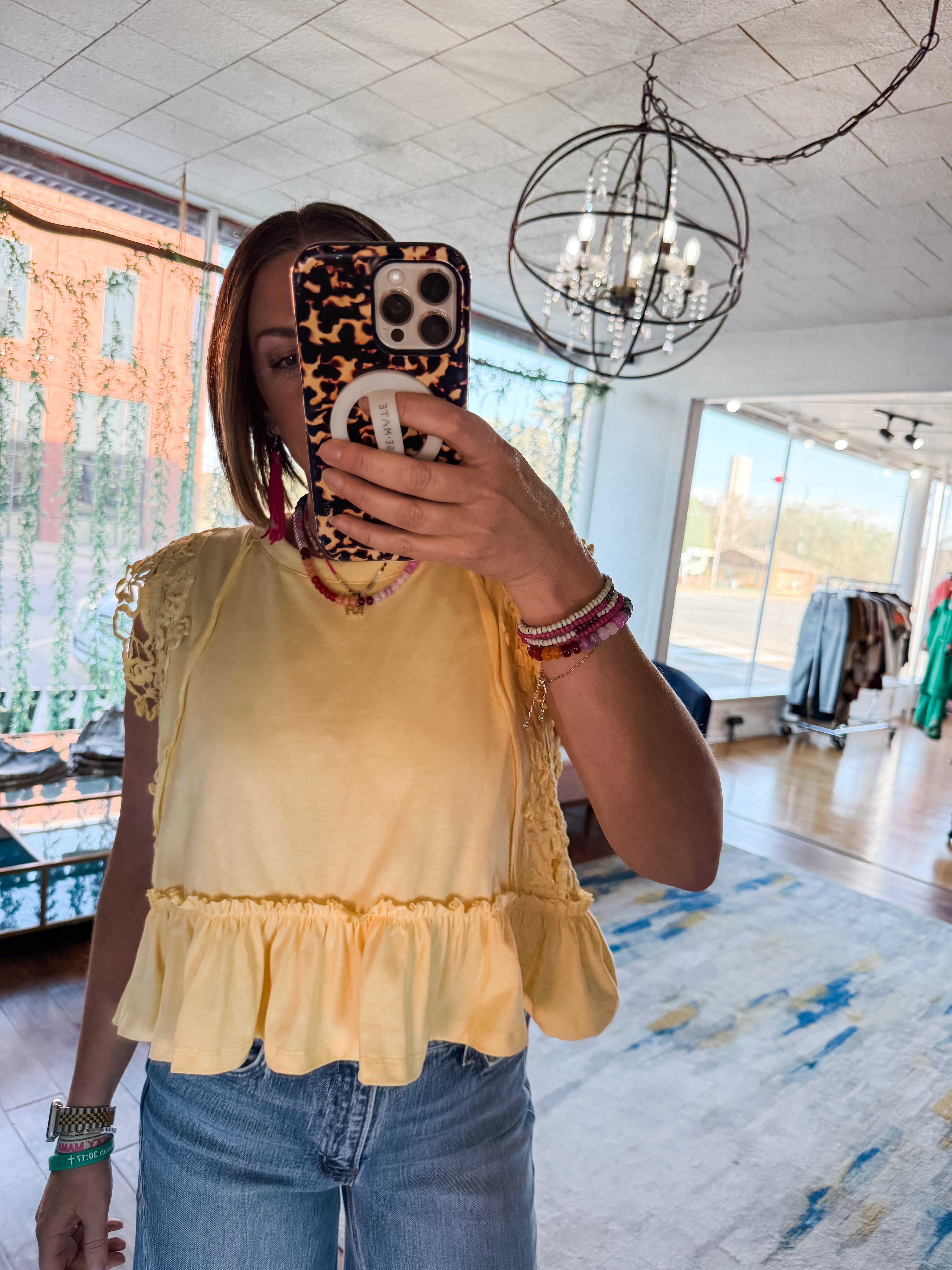 Side Lace Trim Ruffle Hem Top