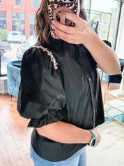 Glam Jeweled-Sleeve Blouse