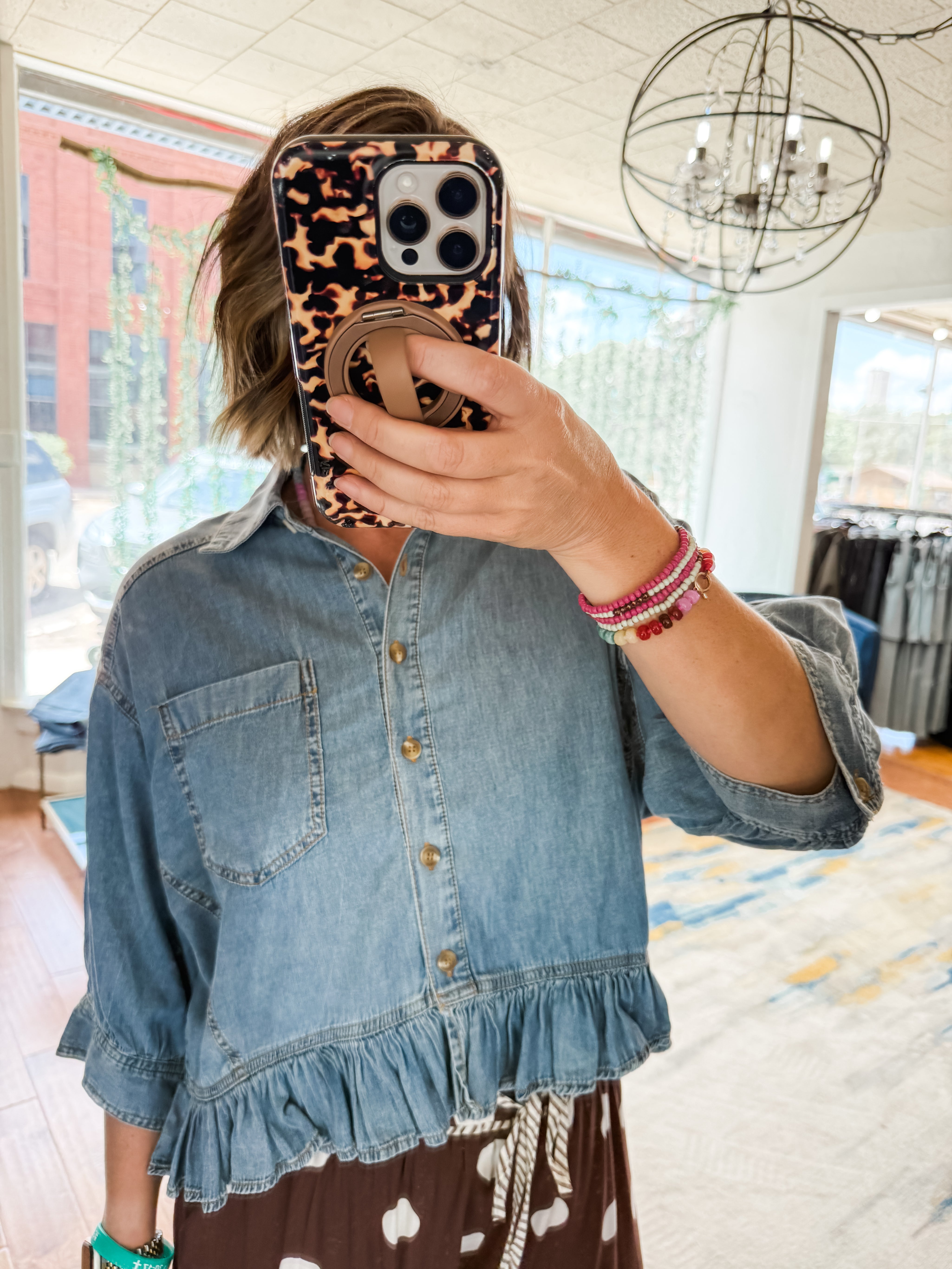 Ruffled Hem Button Down Denim Top