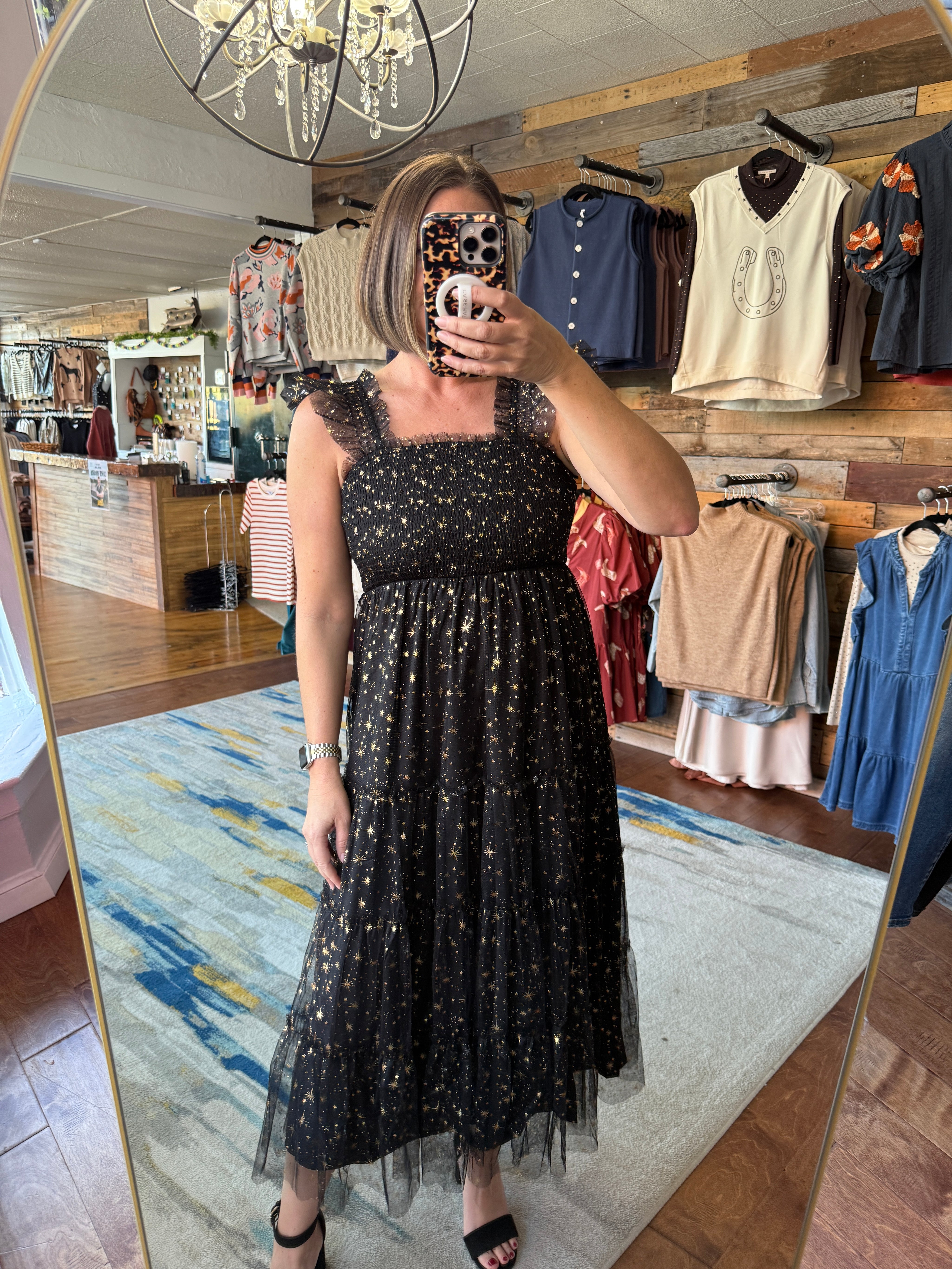 Mesh Gold Star Midi Dress