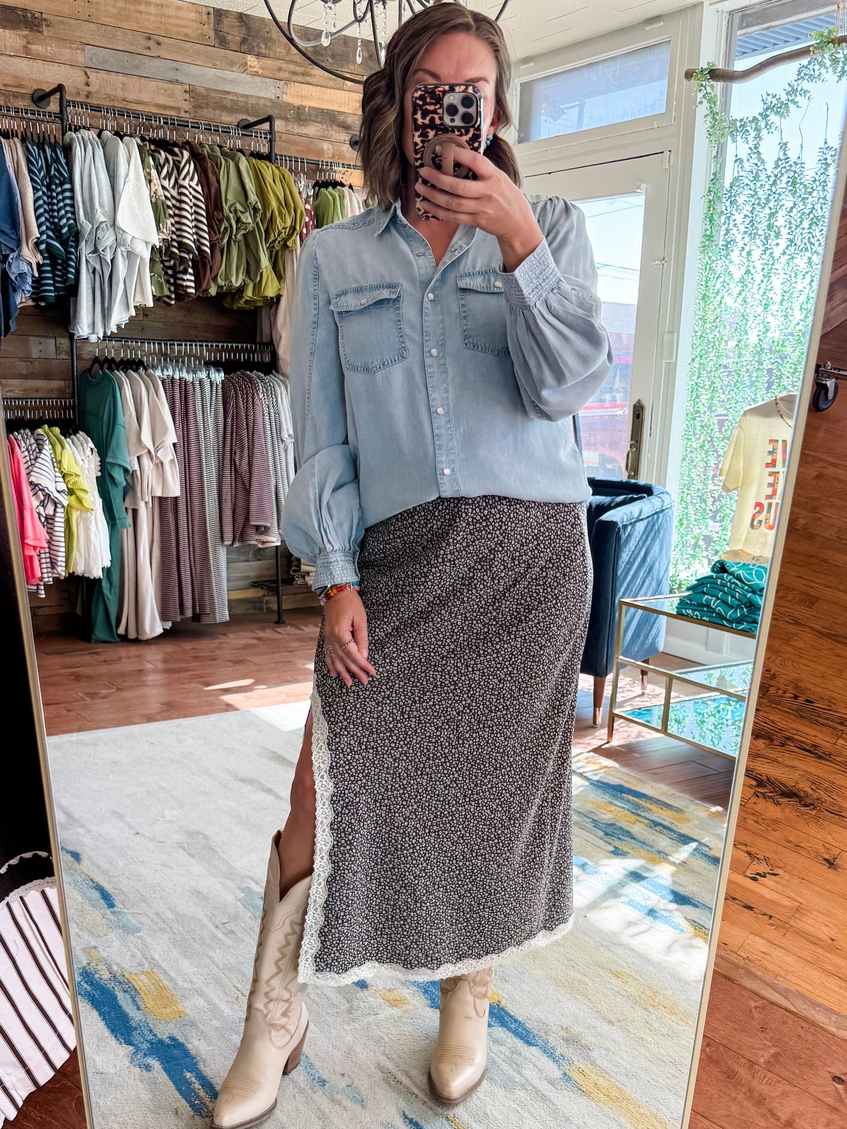 Lace Trim Floral Midi Skirt