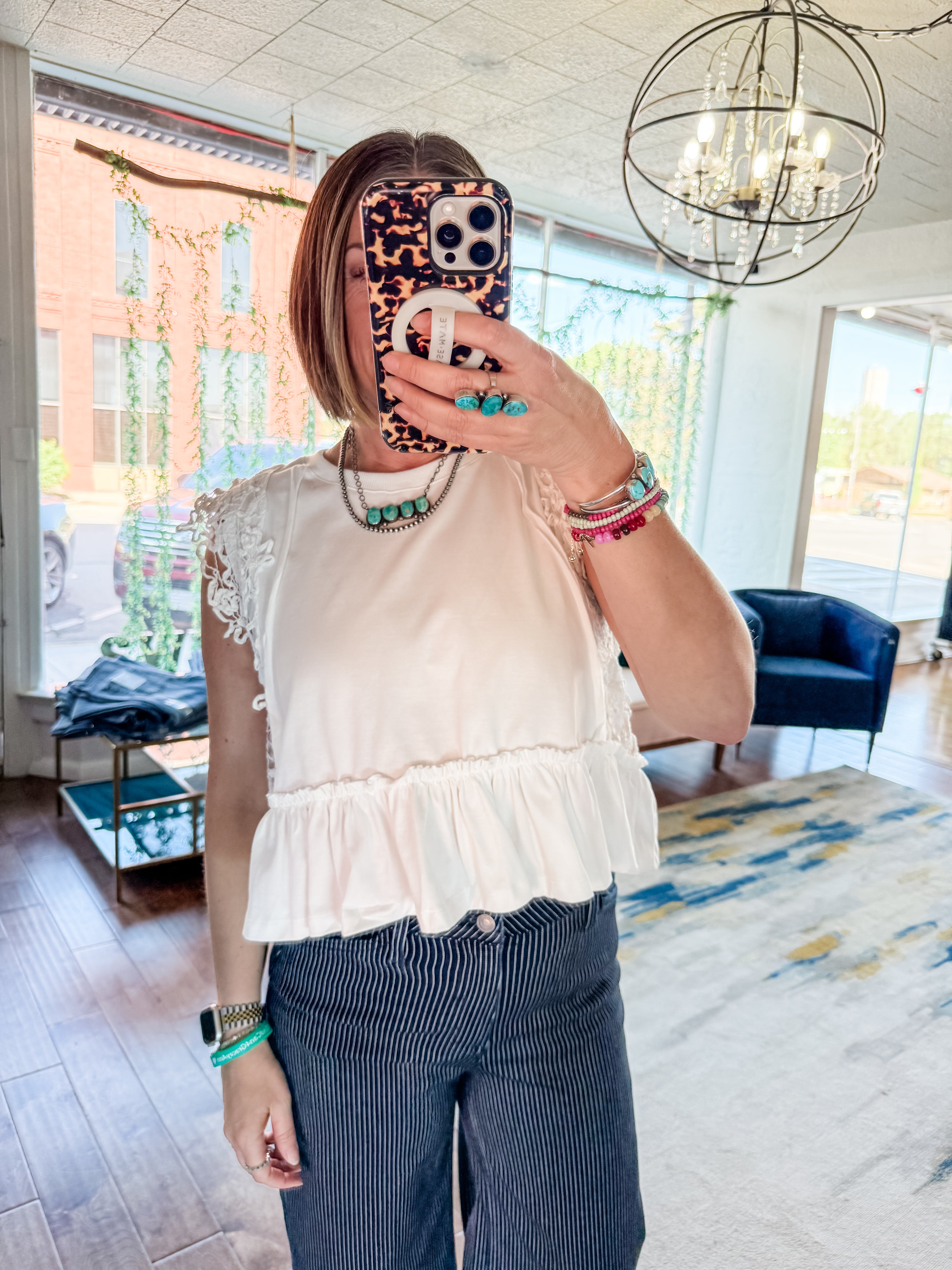 Side Lace Trim Ruffle Hem Top