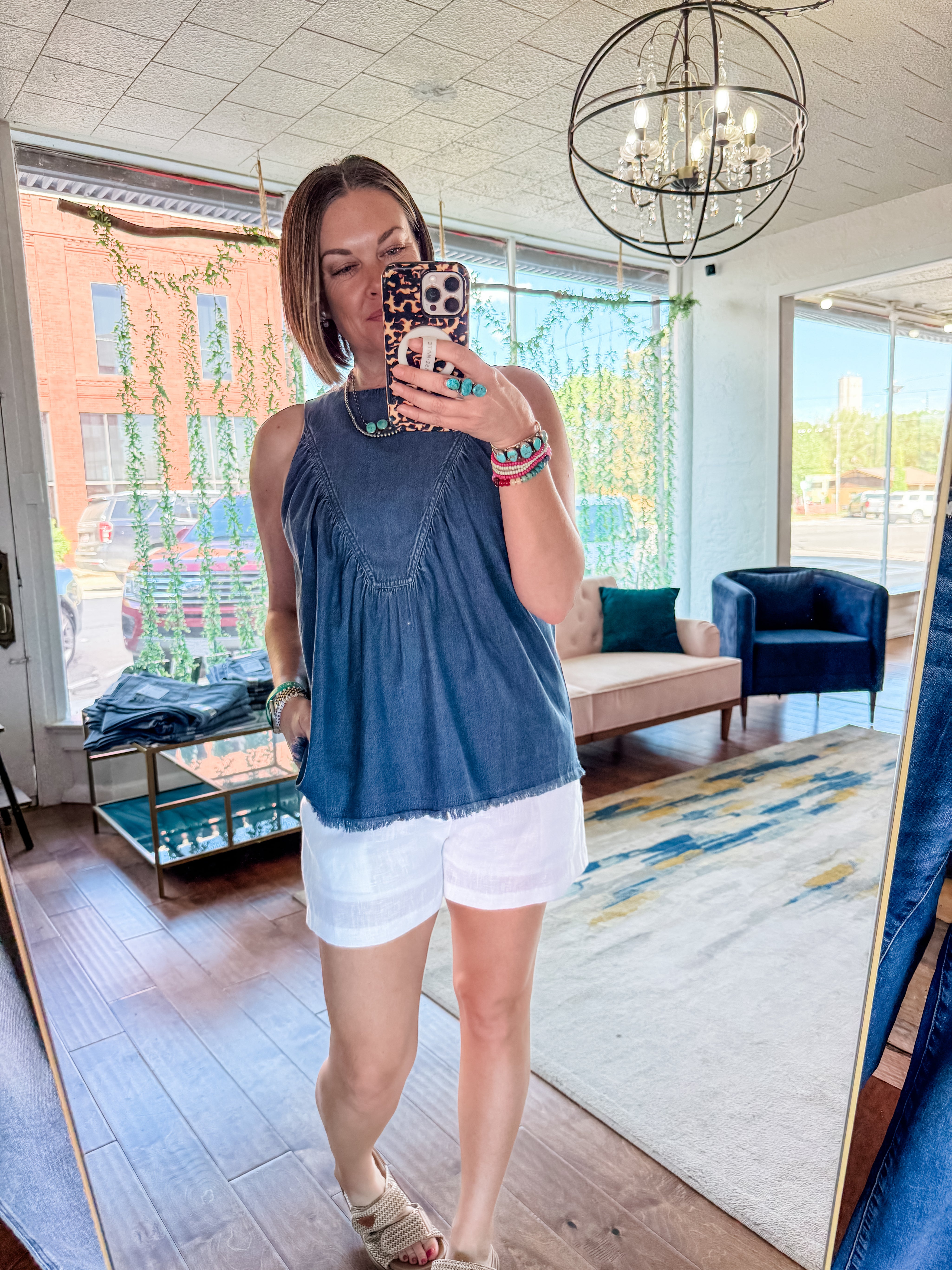 Chambray Shirred Swing Tank