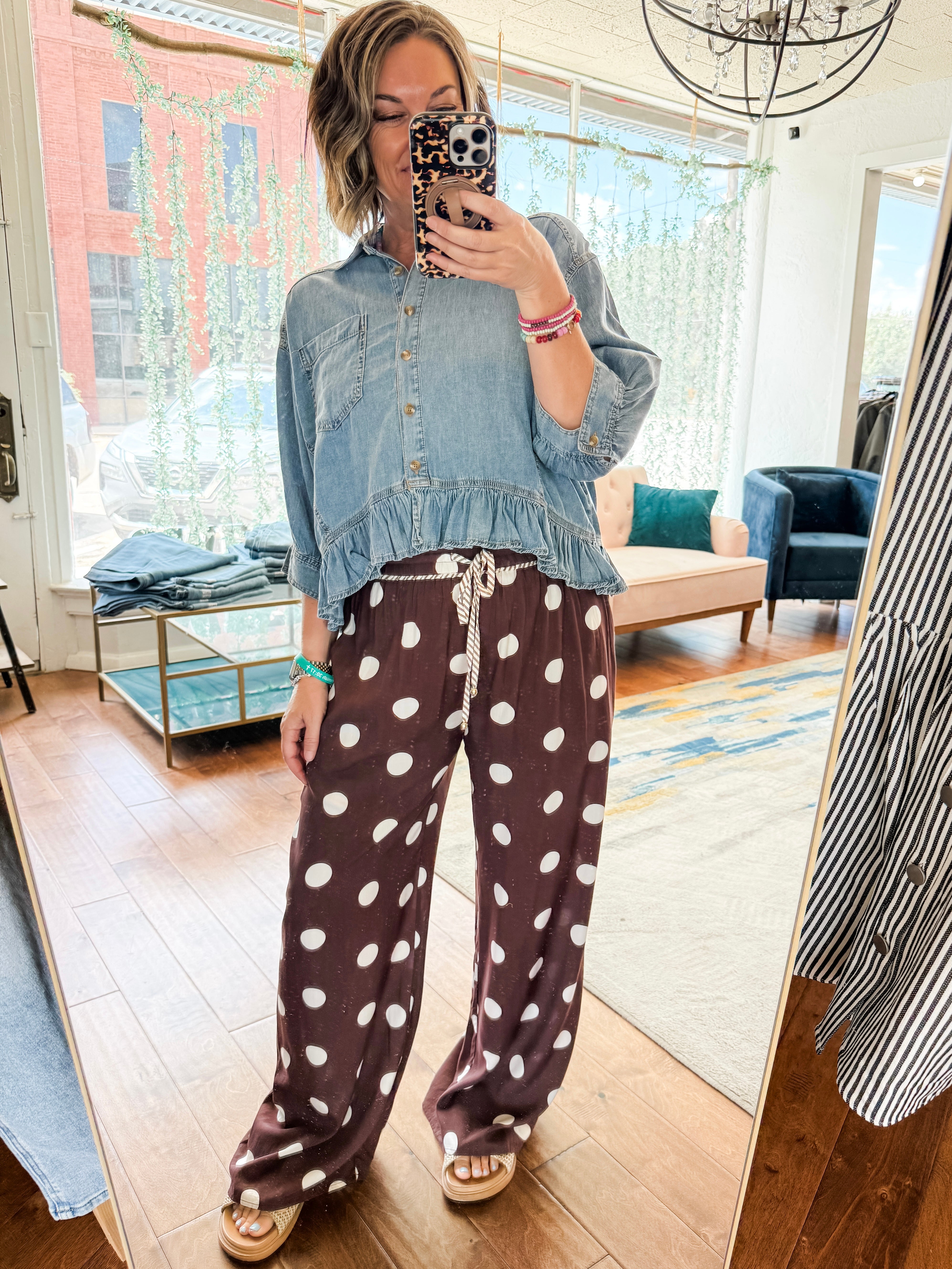 Ruffled Hem Button Down Denim Top