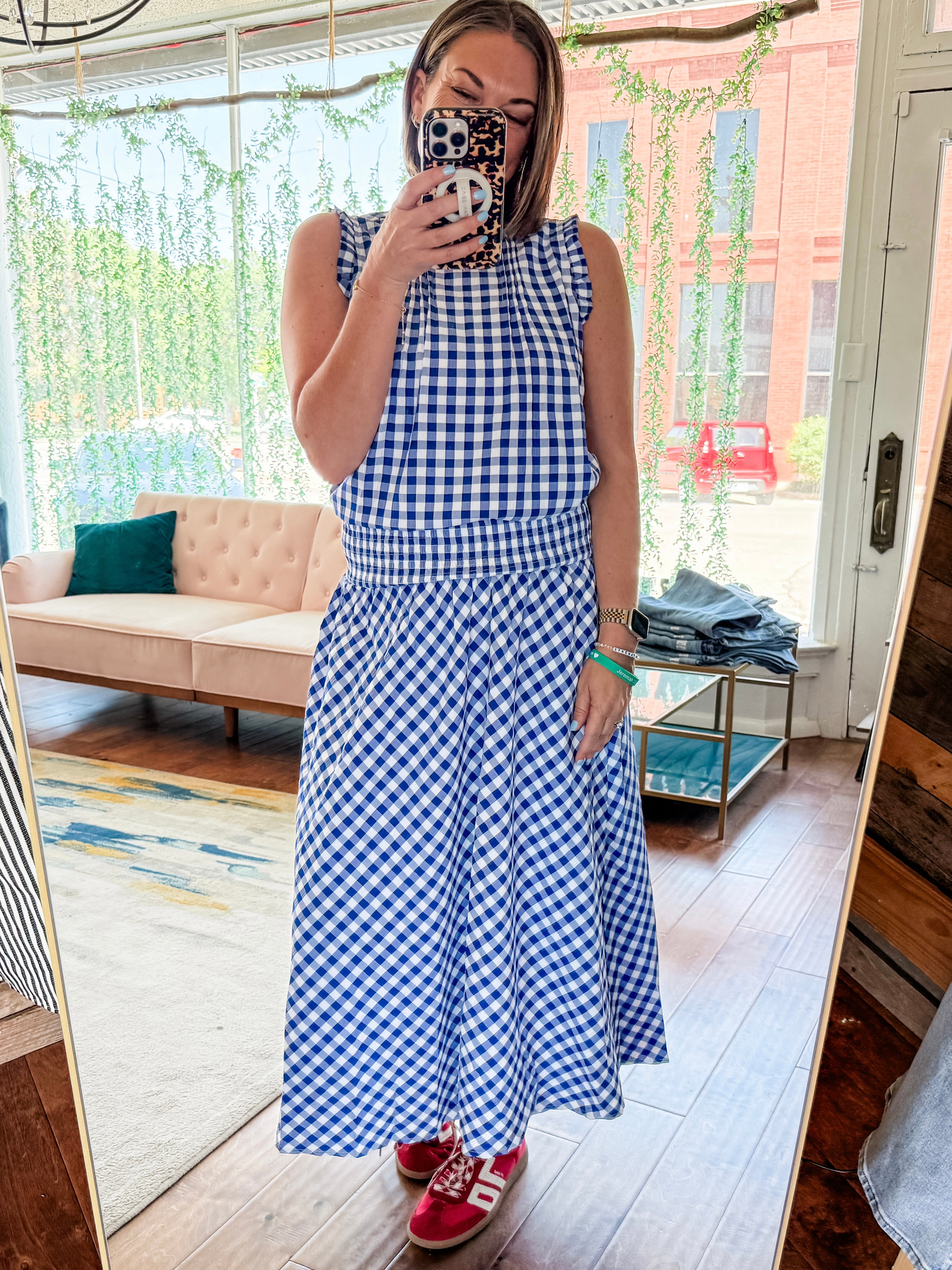 Blue Gingham Pintuck Top