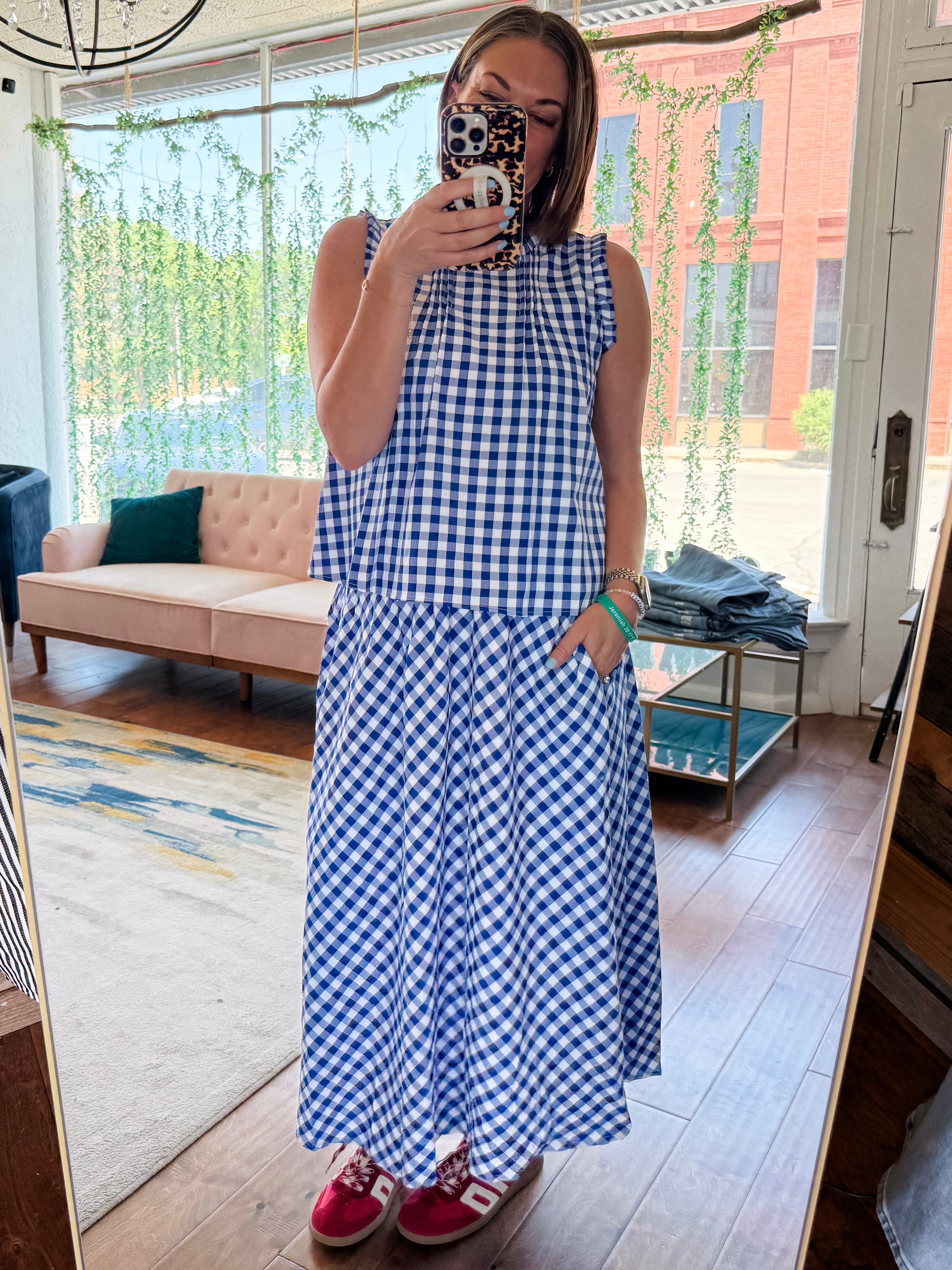 Blue Gingham Pintuck Top