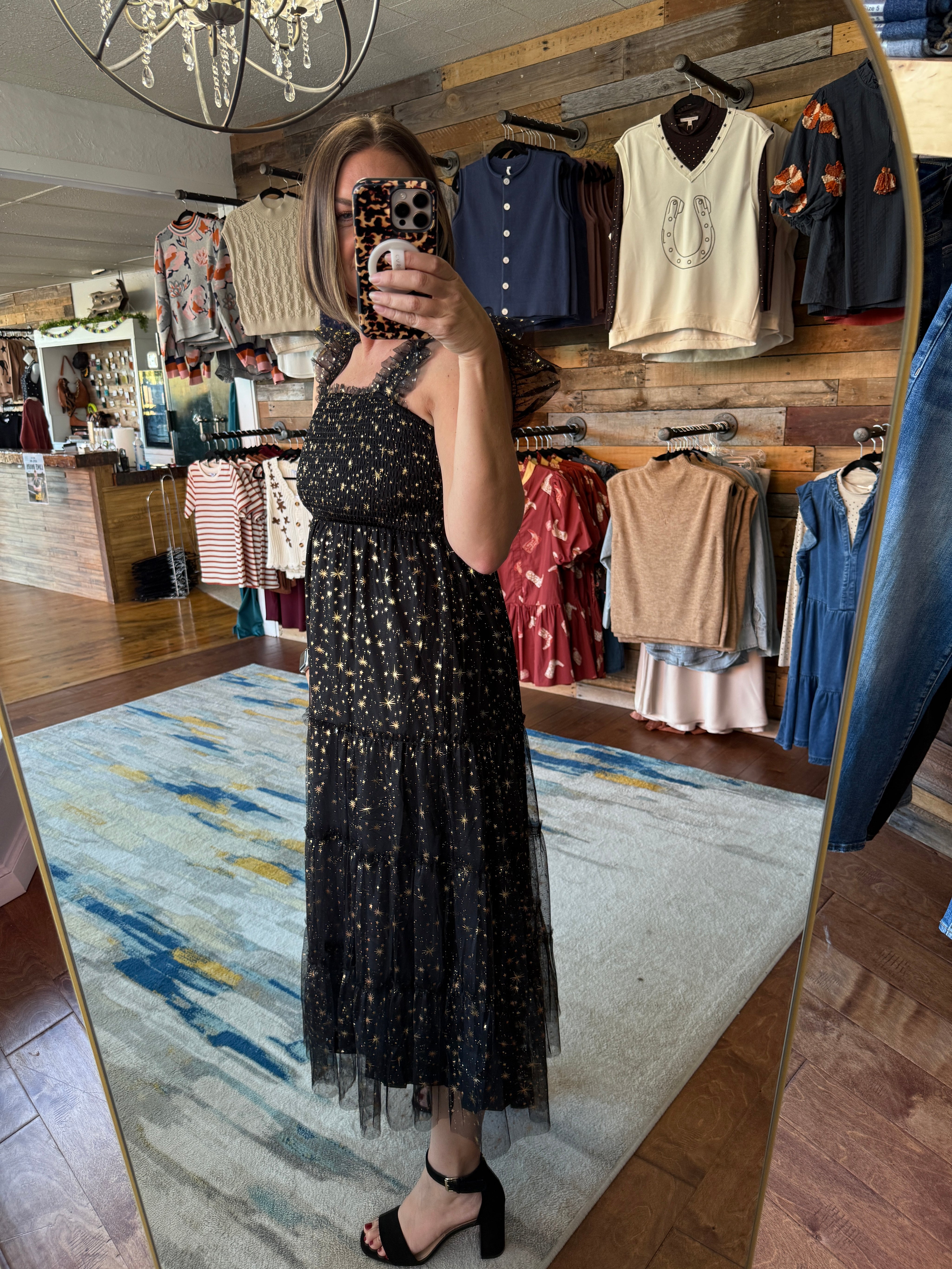 Mesh Gold Star Midi Dress