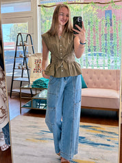 Olive Poplin Tie Top