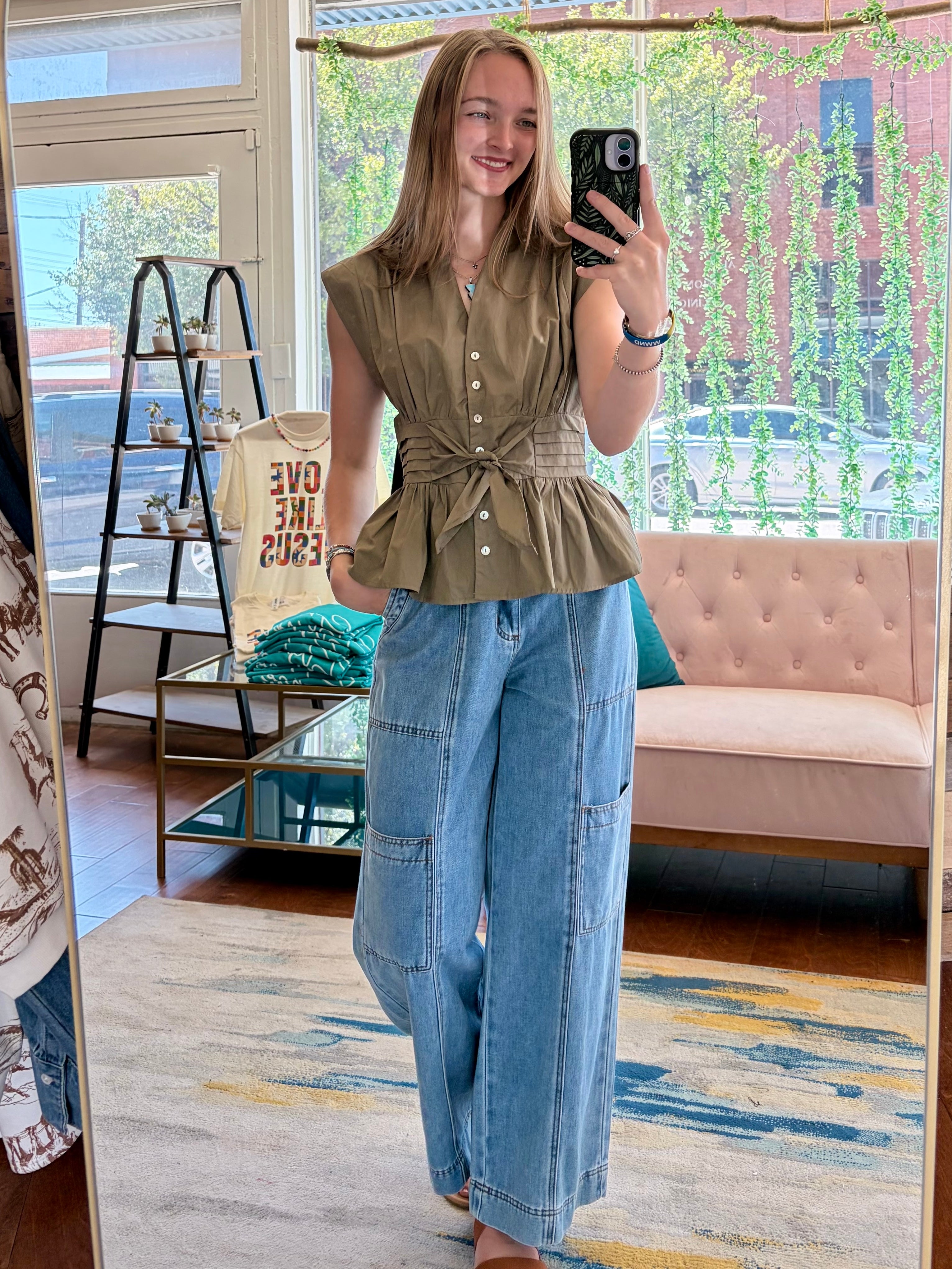Olive Poplin Tie Top