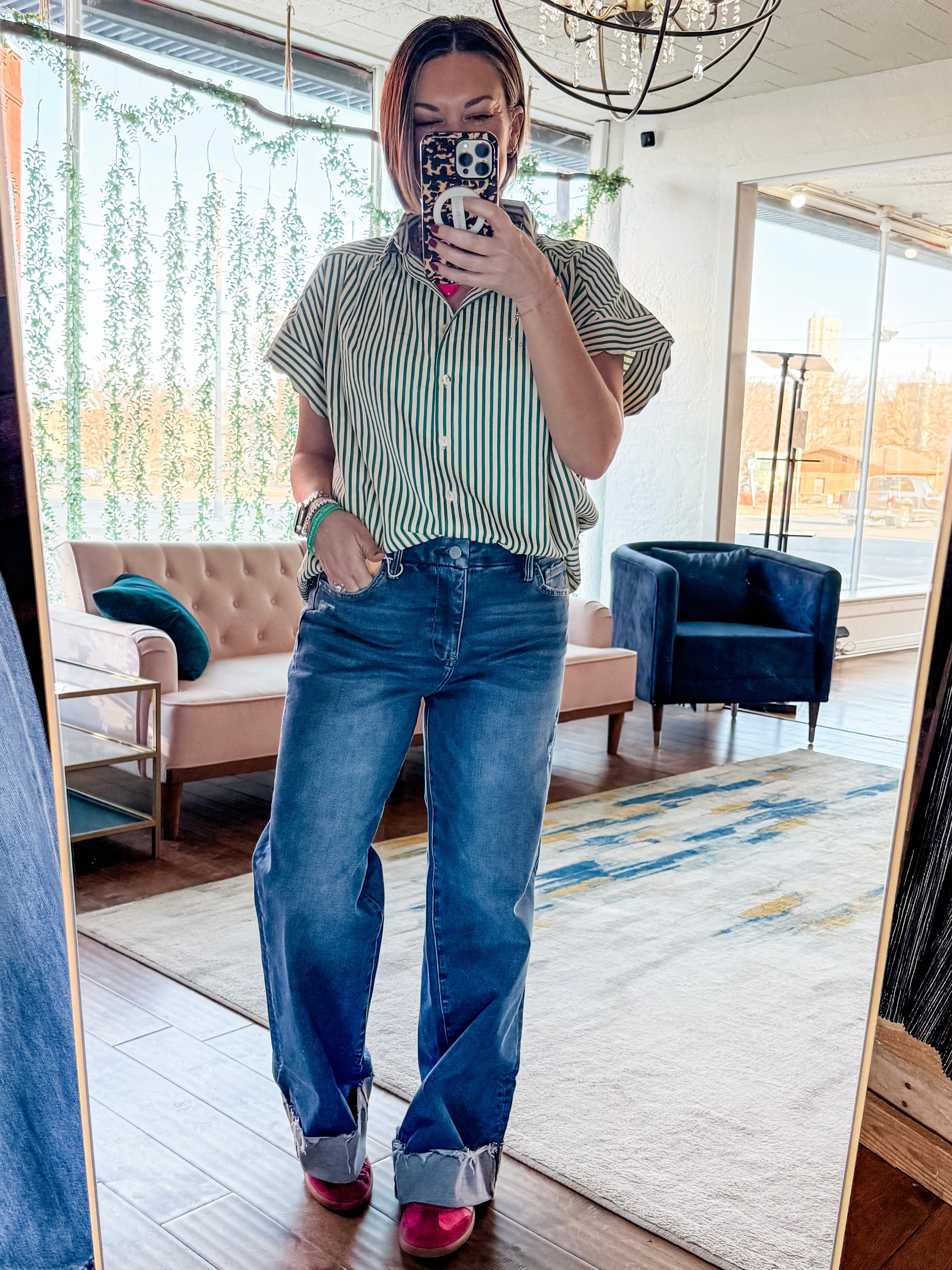 Striped Button-Down Scallop Top