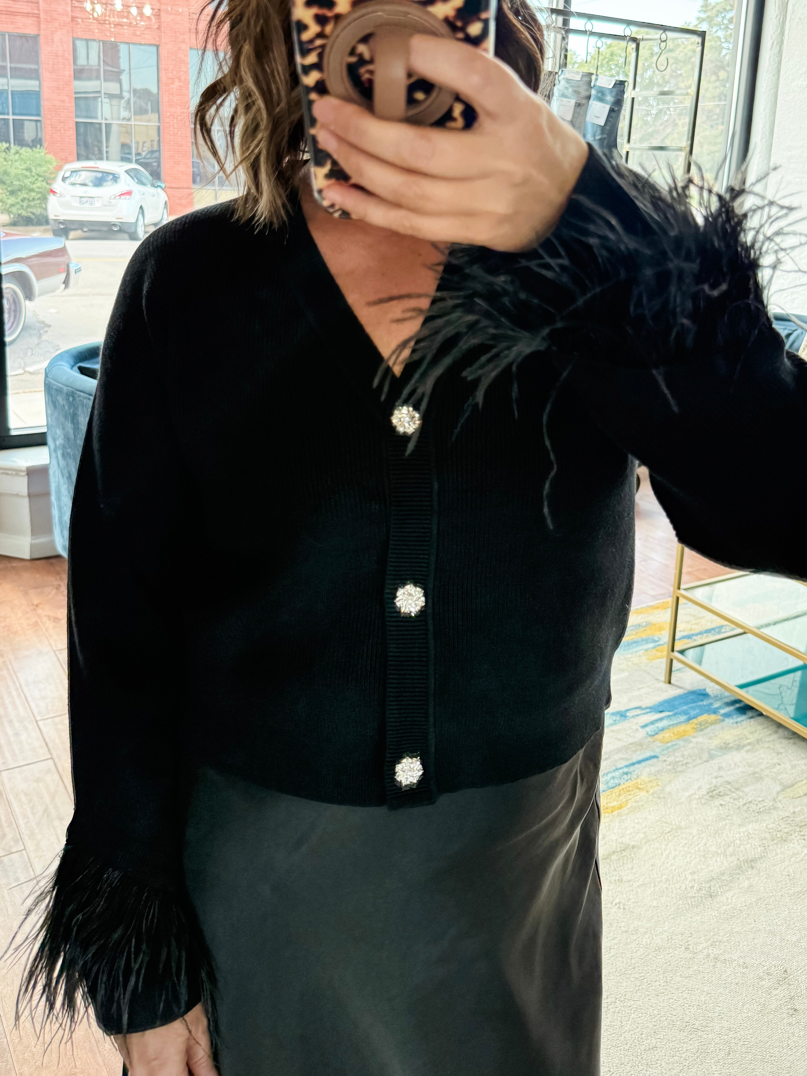 Jewel Feather Trim Cardigan