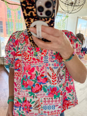 Botanical Print Flutter Sleeve Blouse