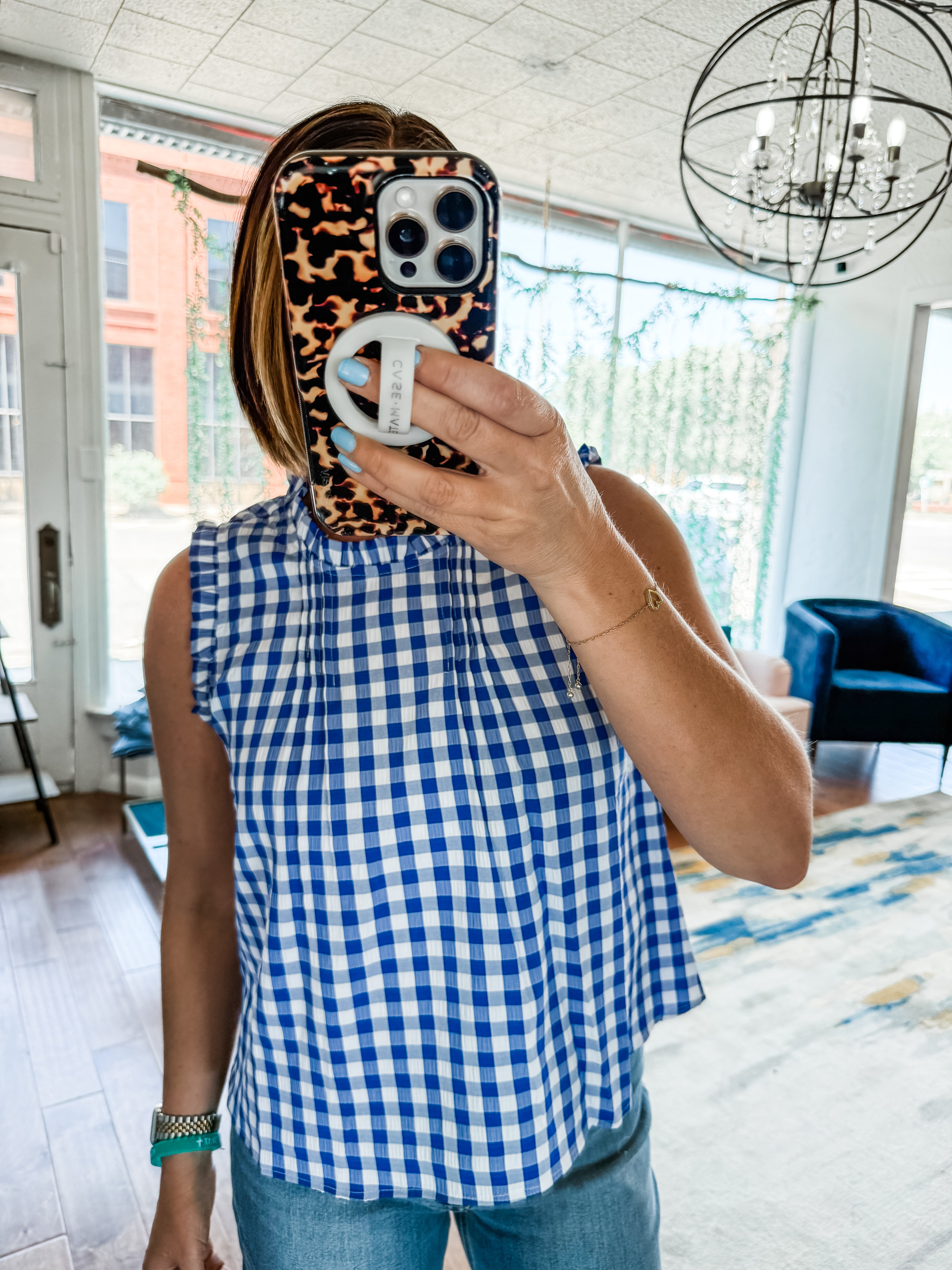 Blue Gingham Pintuck Top