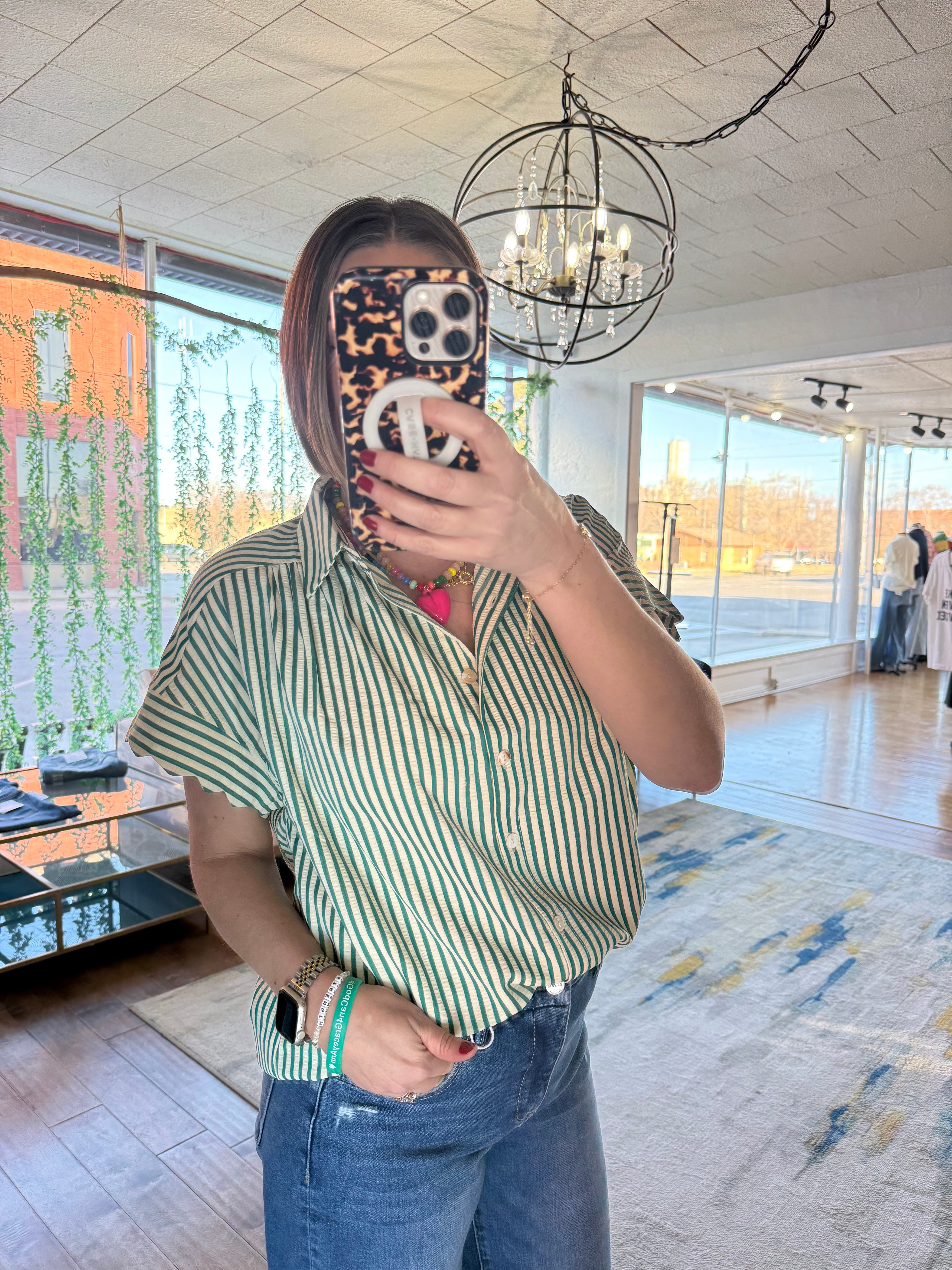 Striped Button-Down Scallop Top