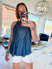 Chambray Shirred Swing Tank