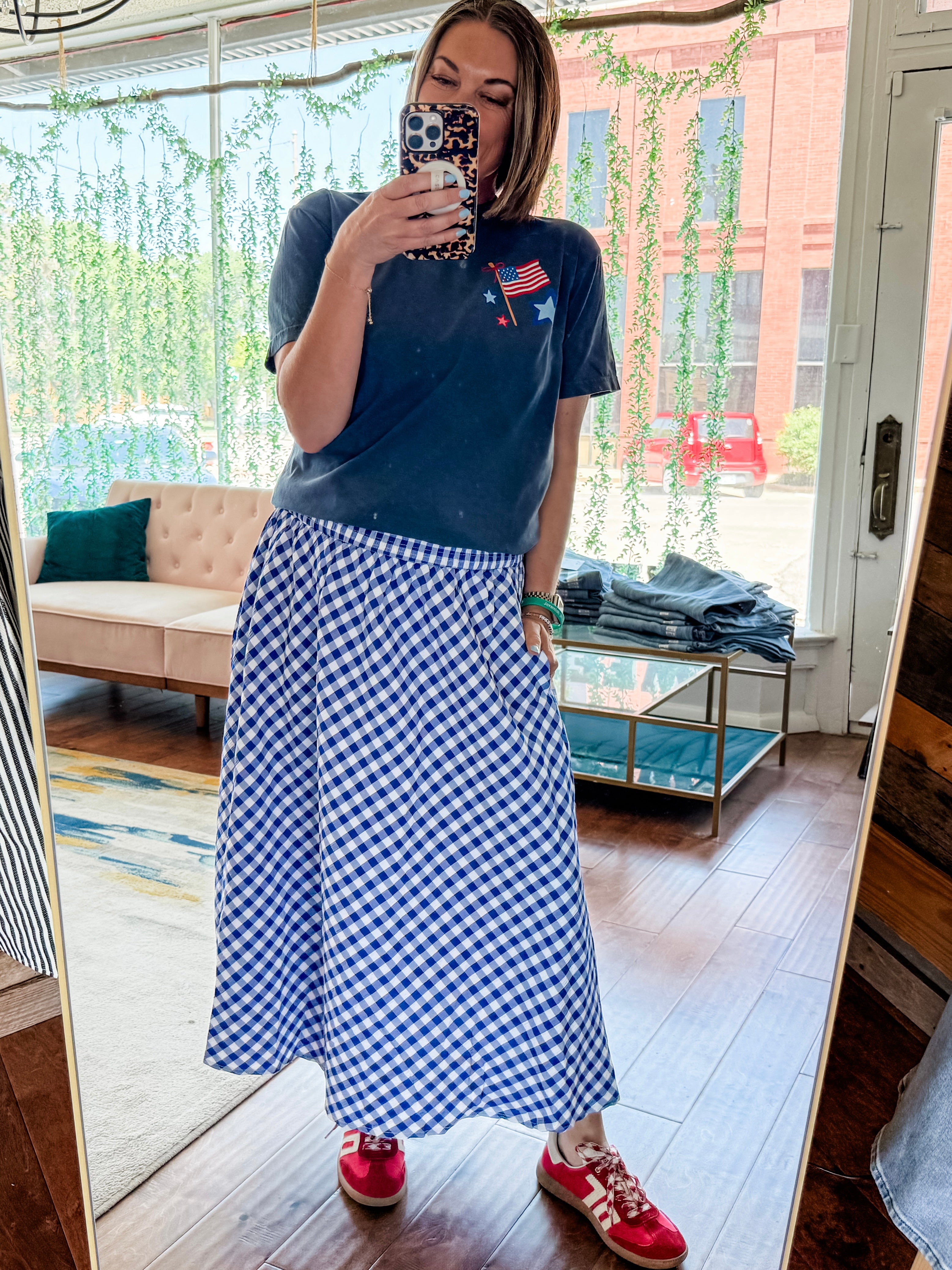 Blue Gingham Smocked Waist Midi Skirt