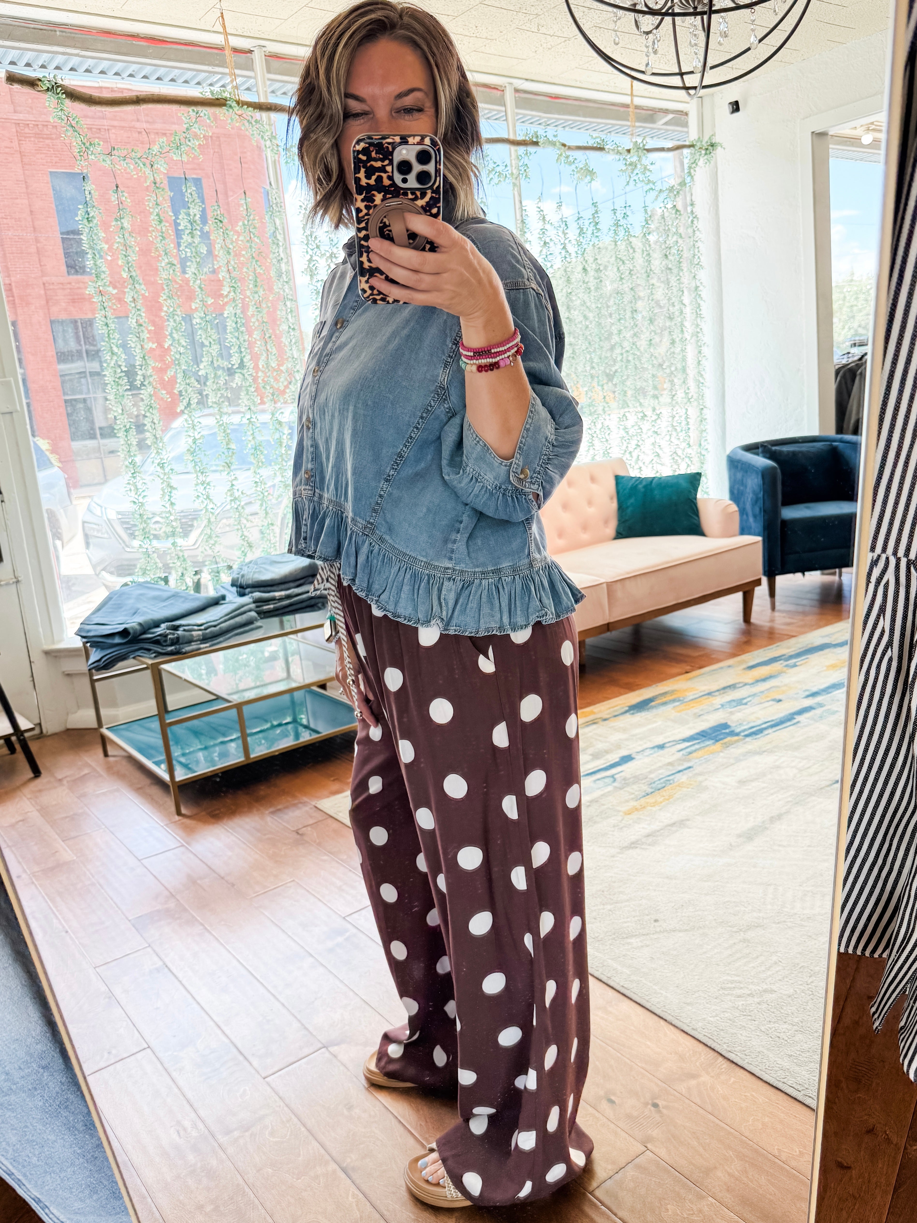Ruffled Hem Button Down Denim Top