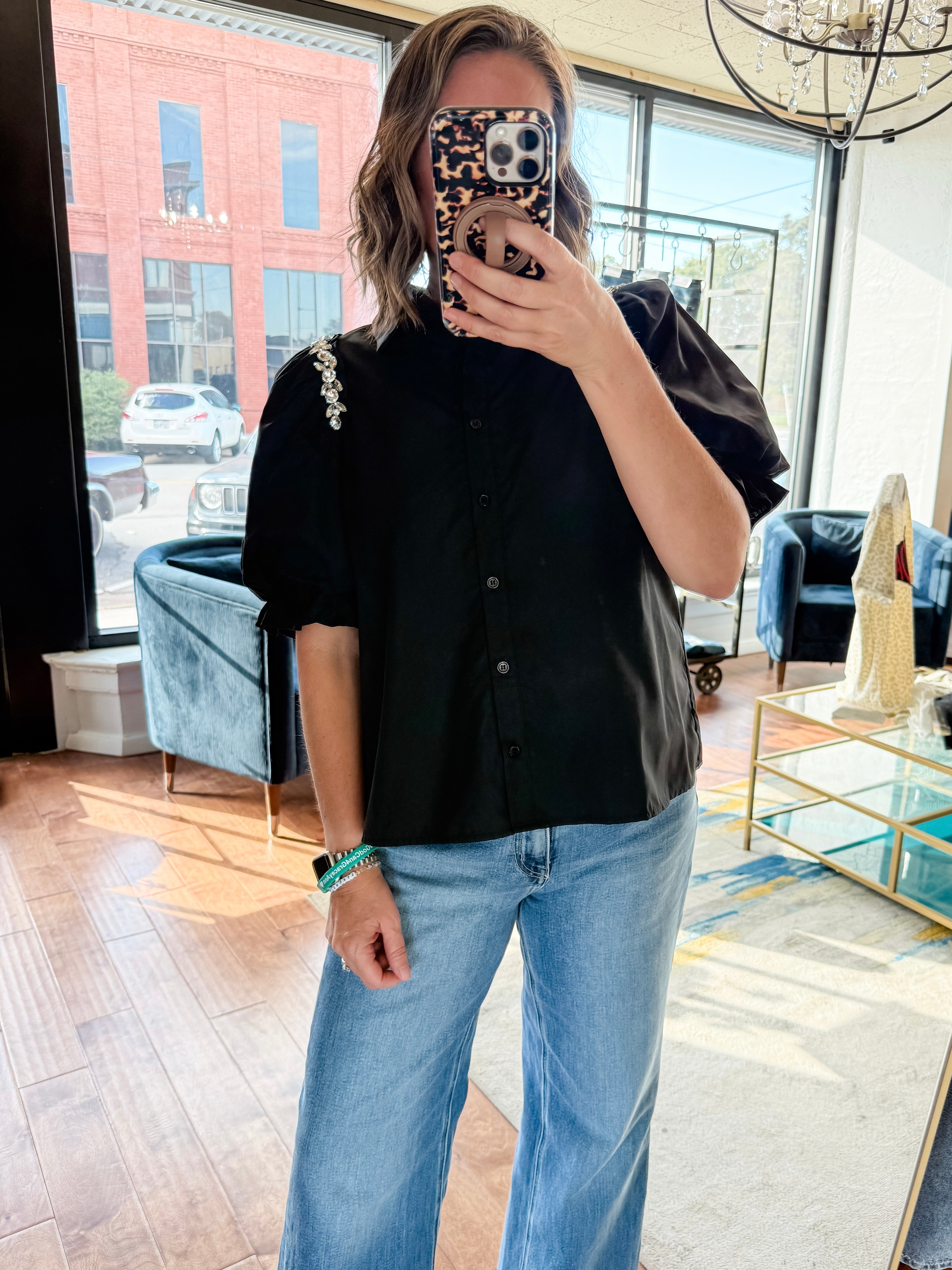 Glam Jeweled-Sleeve Blouse