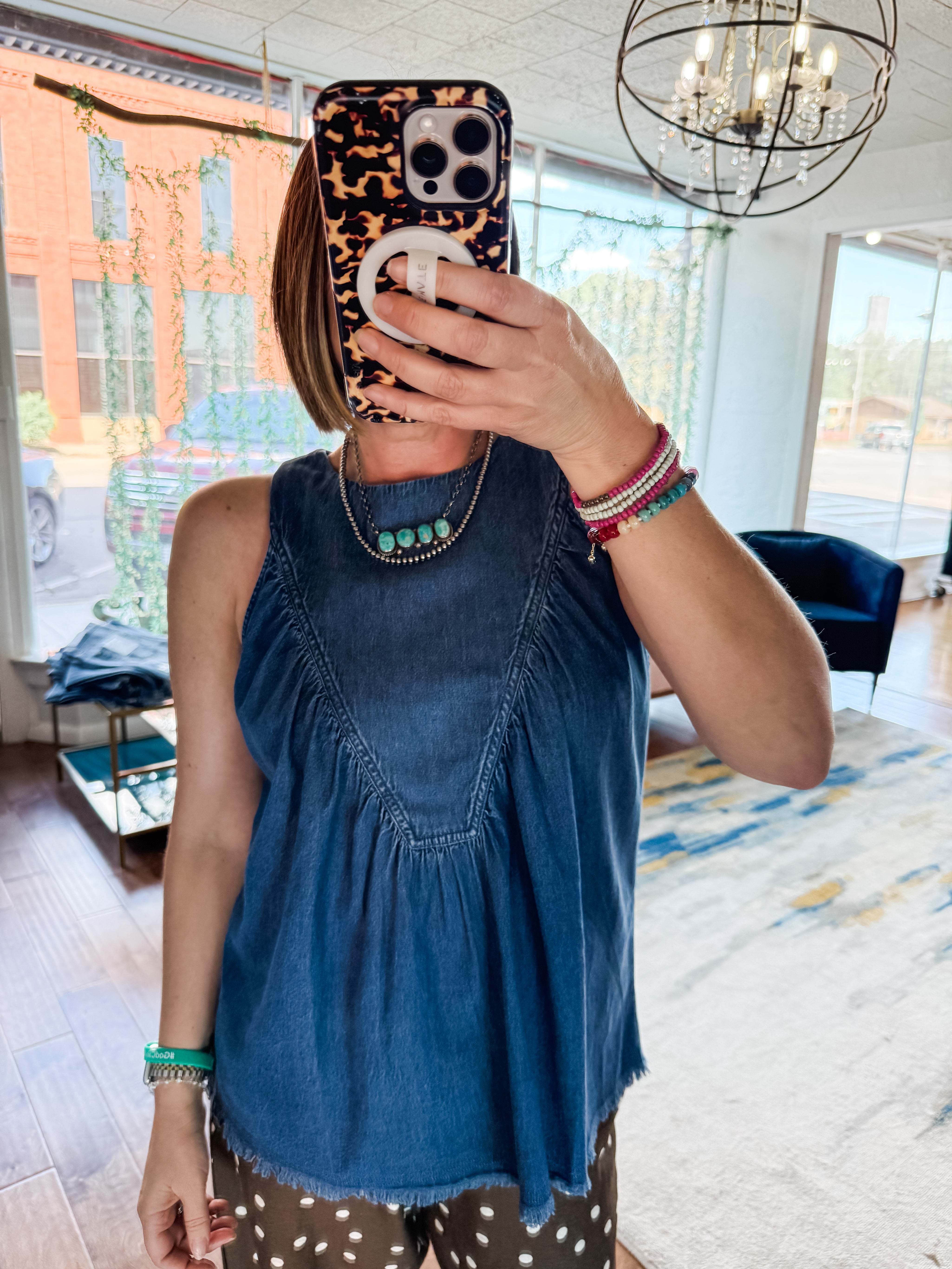 Chambray Shirred Swing Tank