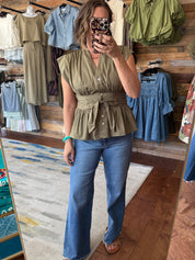 Olive Poplin Tie Top