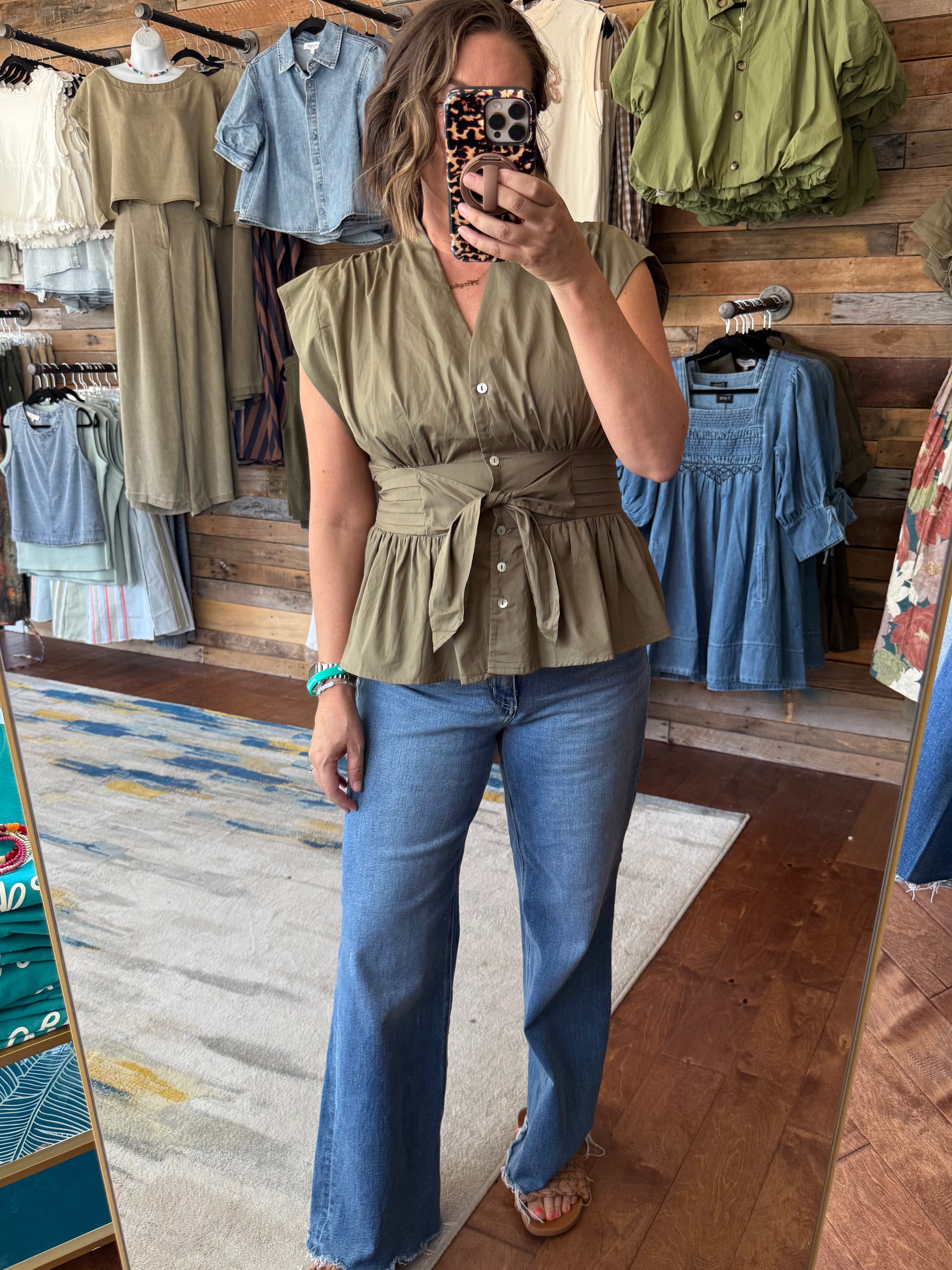Olive Poplin Tie Top