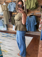Olive Poplin Tie Top