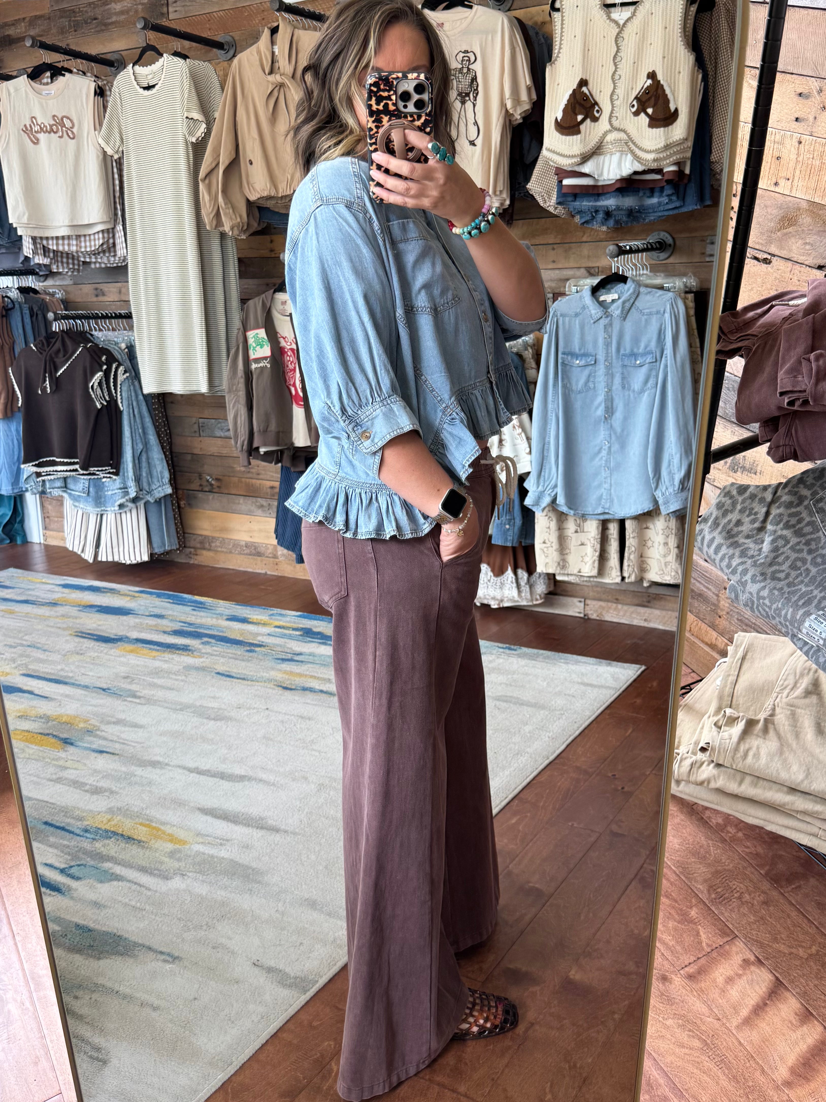Washed Drawstring Wide Leg Pants