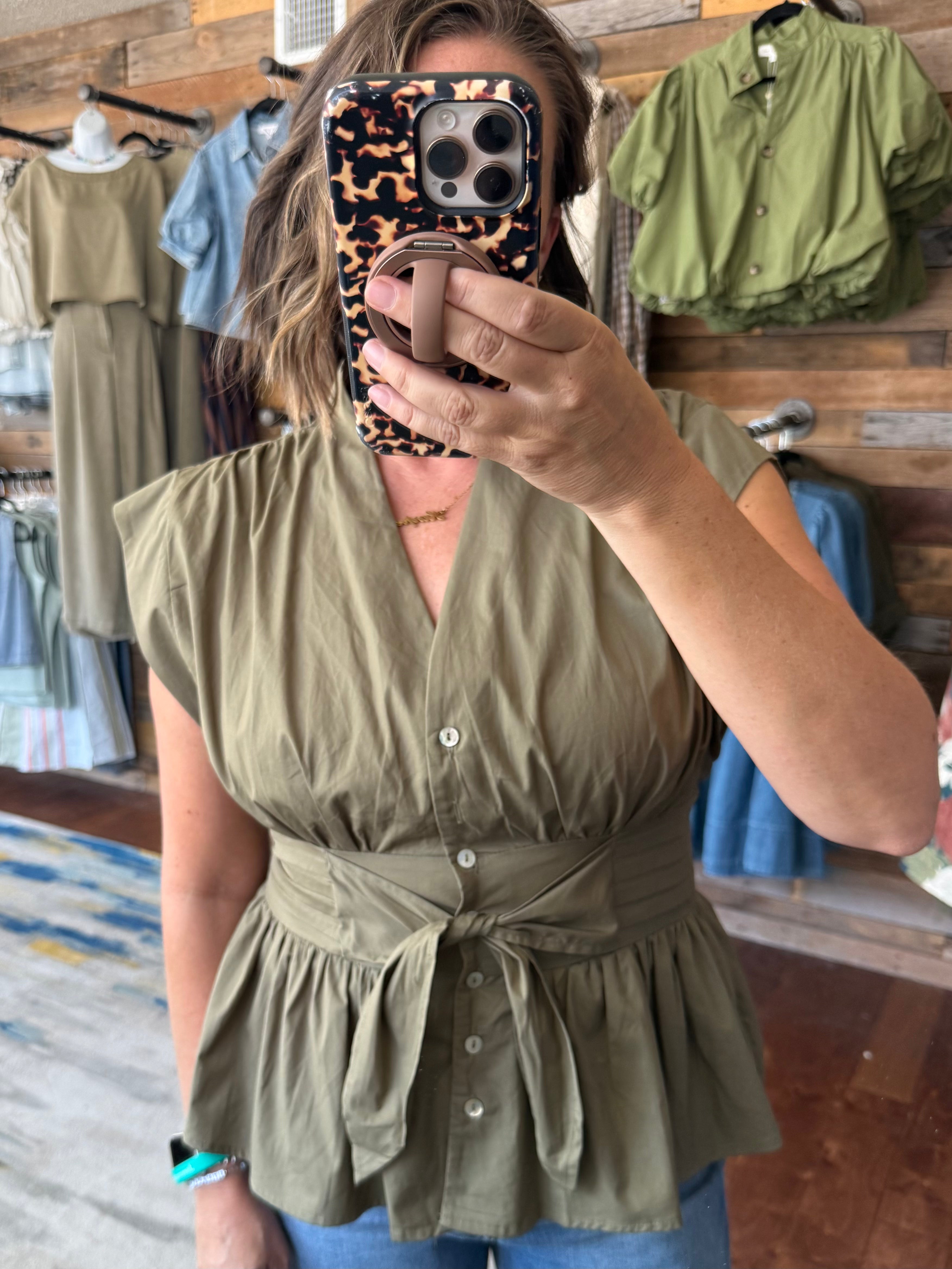 Olive Poplin Tie Top