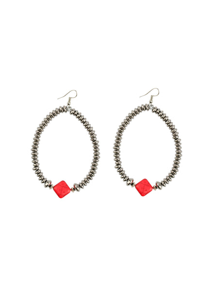 Silver Disc Dangle Hoop Earring w/Red Diamond Accent