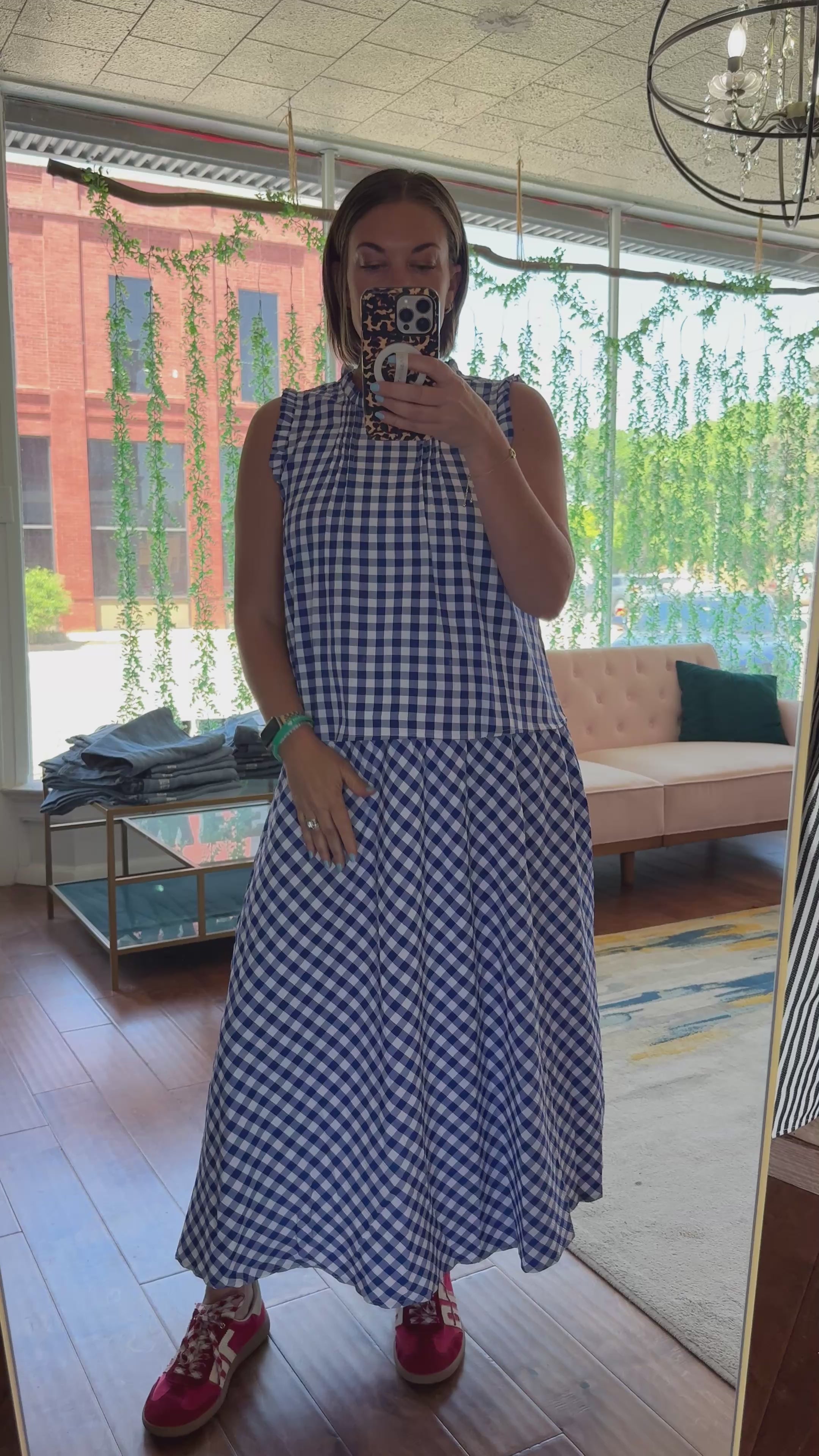 Blue Gingham Pintuck Top