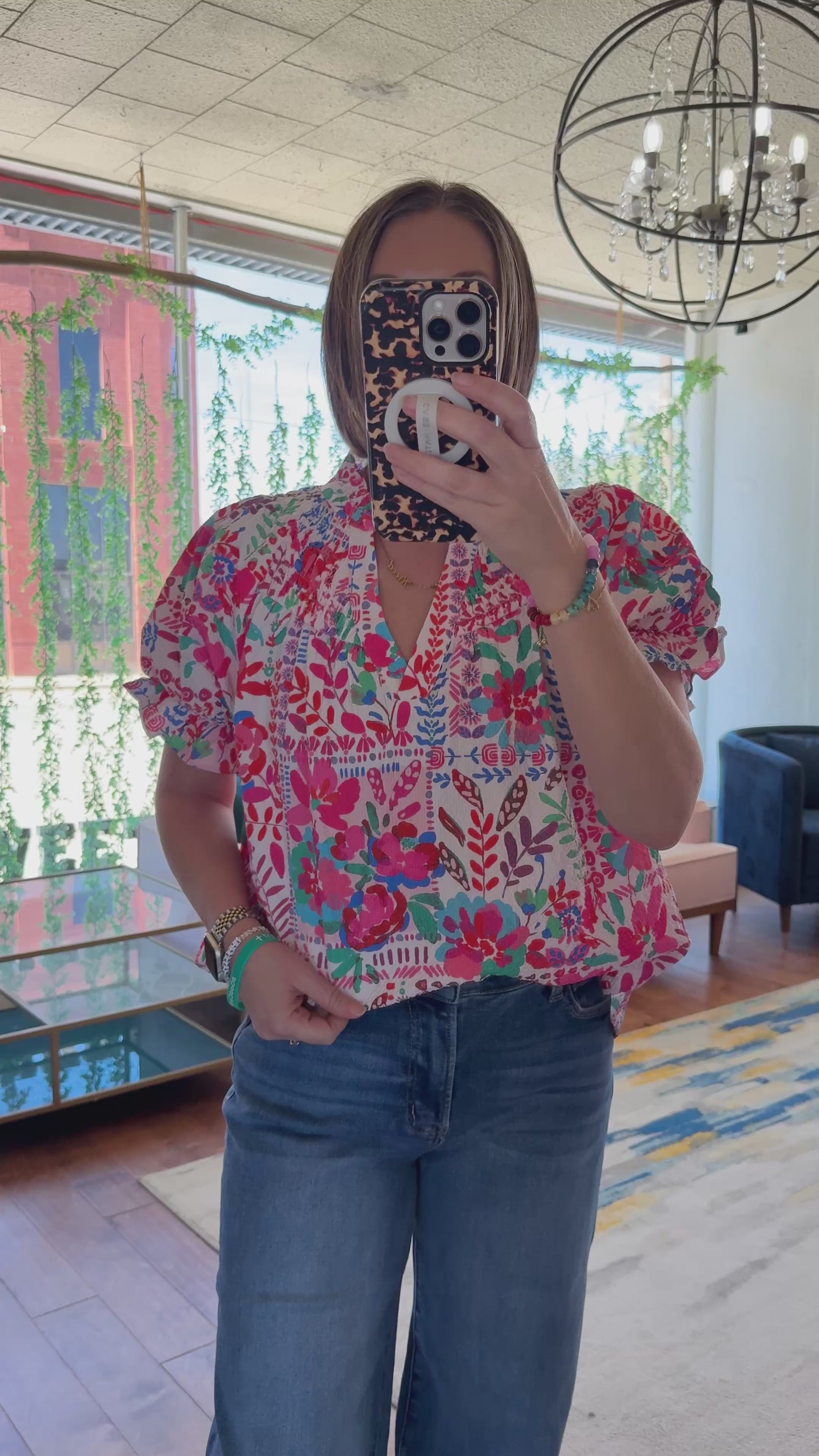 Botanical Print Flutter Sleeve Blouse