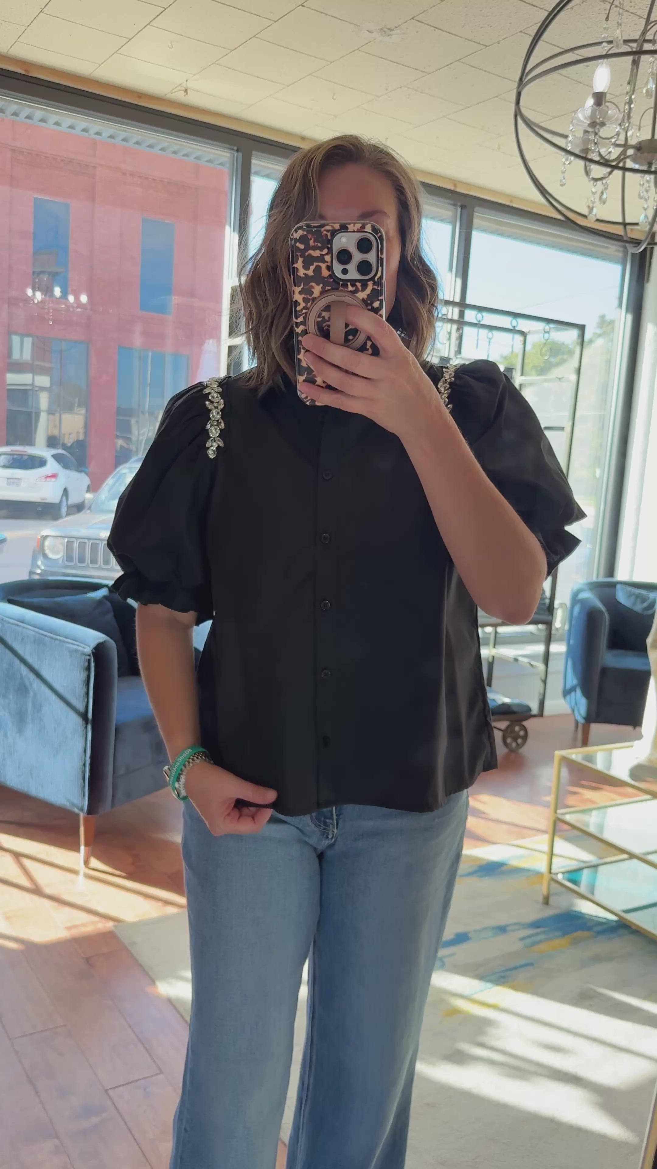 Glam Jeweled-Sleeve Blouse