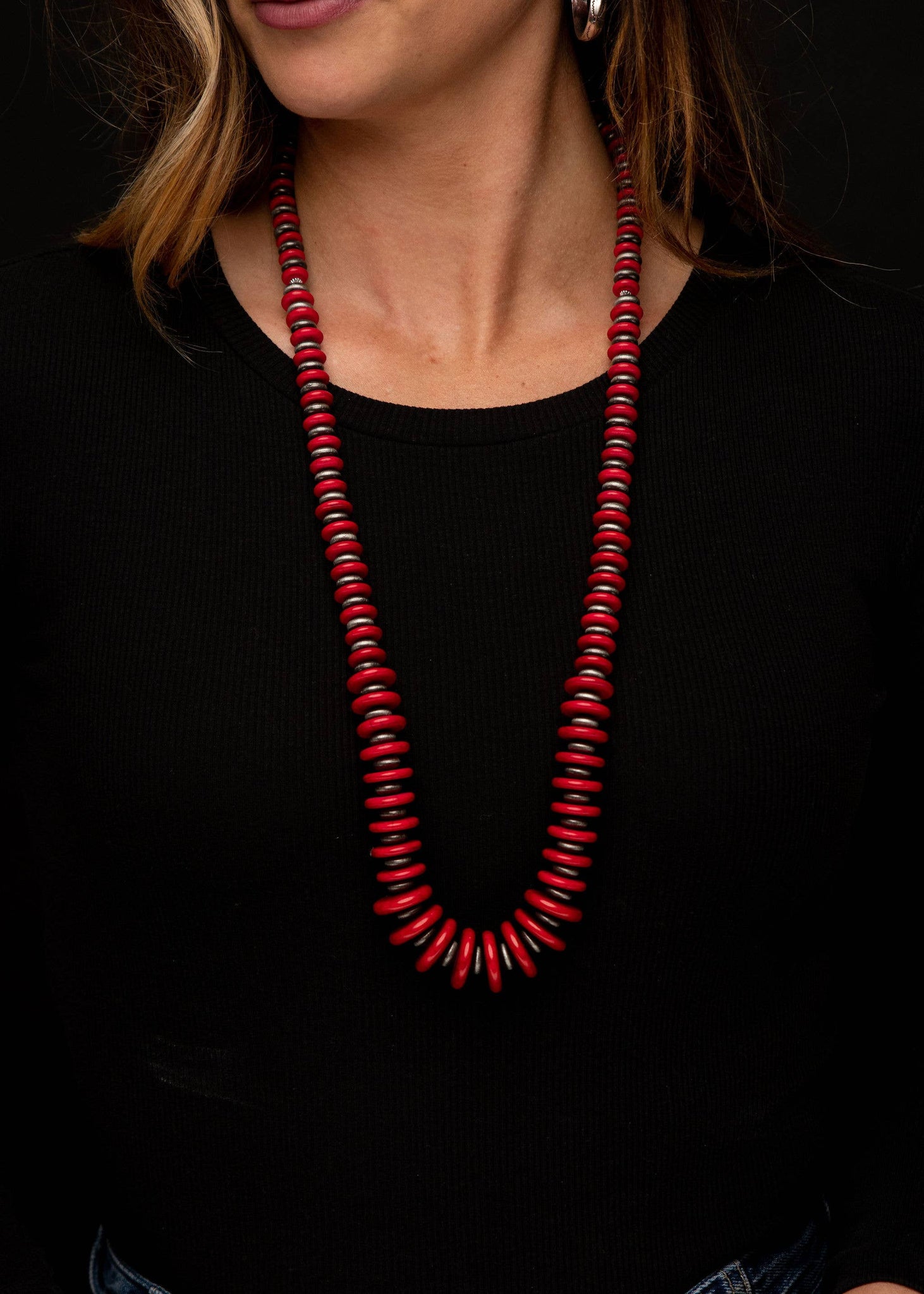 36" Red and Faux Navajo Pearl Graduated Disc Necklace